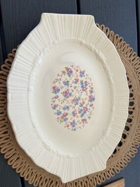 Coronet Cream Floral Oval Serving Platter - Decorative Home Dining Dish